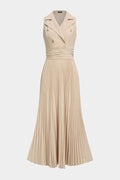 Notched Lapel Pleated Sleeveless Maxi Dress