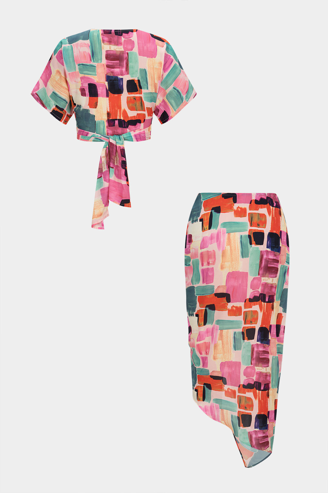 Abstract Print V-Neck Tie-Up Short Sleeves Top And Asymmetrical Drawstring Ruched Skirt Set