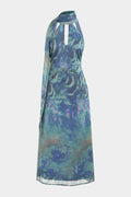 Tie Dye Print Mesh Halter Neck Cut Out Sleeveless Maxi Dress With Scarf