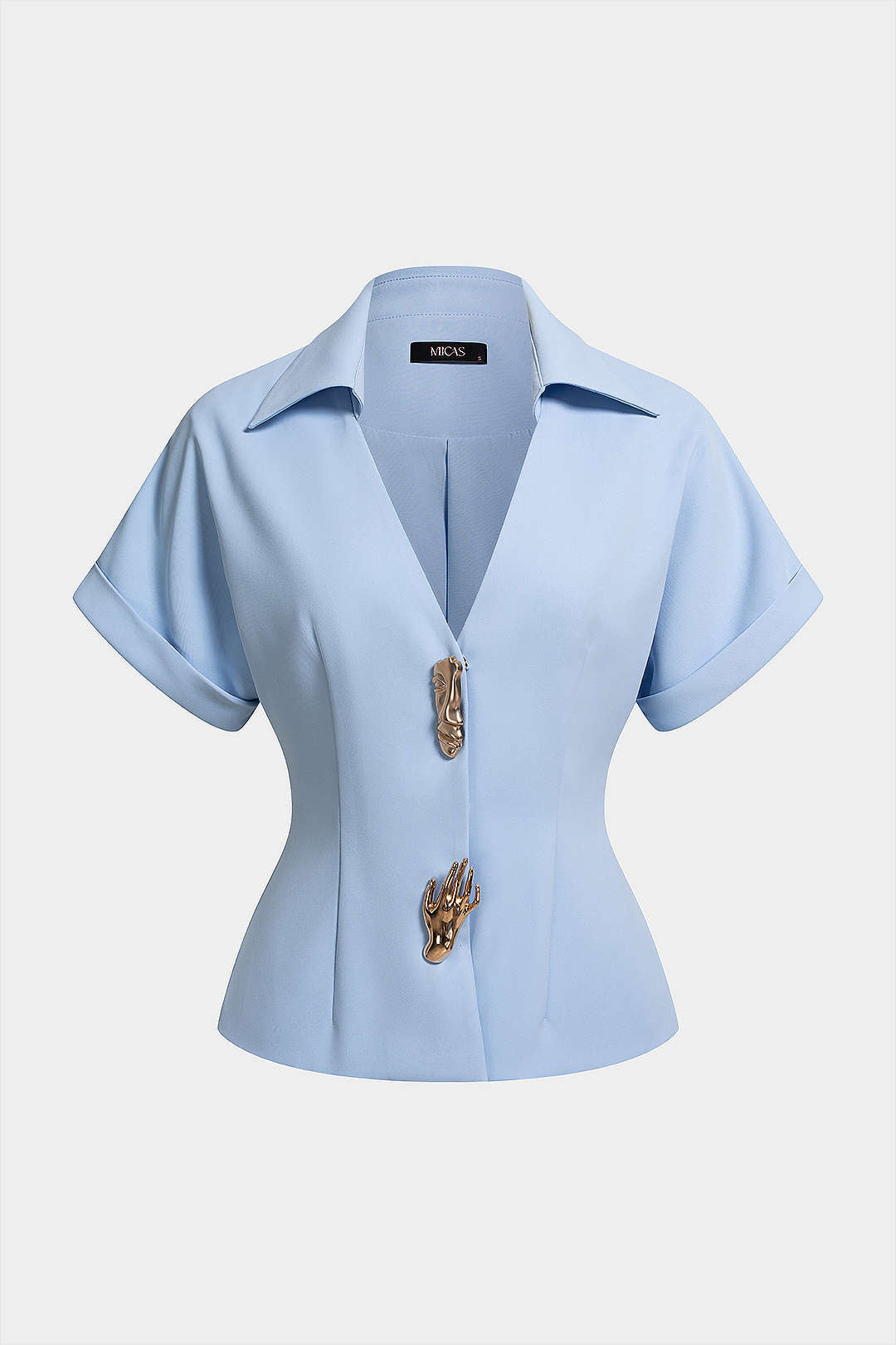 Lapel V-Neck Metallic Short-Sleeve Shirt