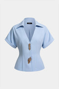 Lapel V-Neck Metallic Short-Sleeve Shirt