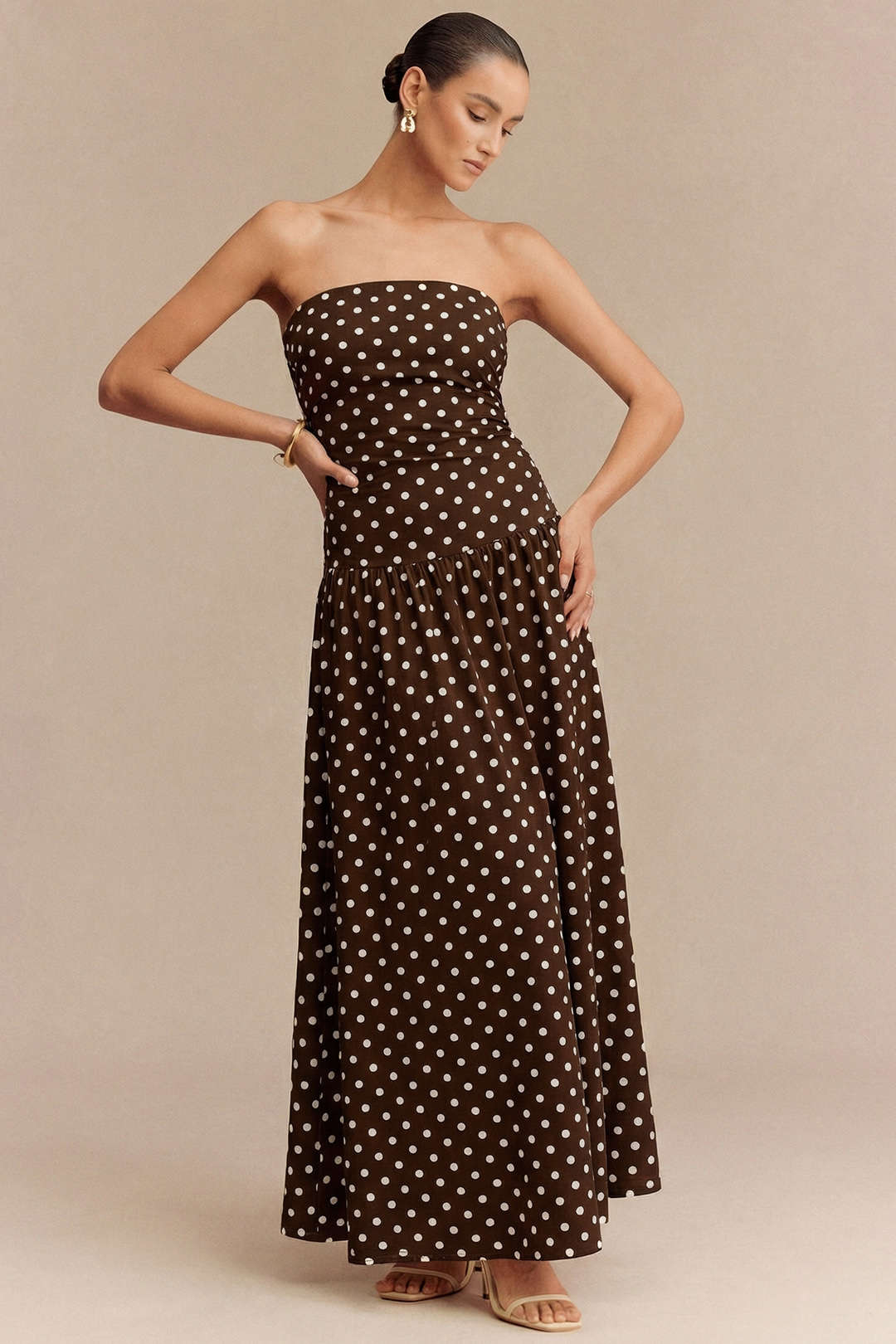 Polka Dots Print Strapless Sleeveless Maxi Dress