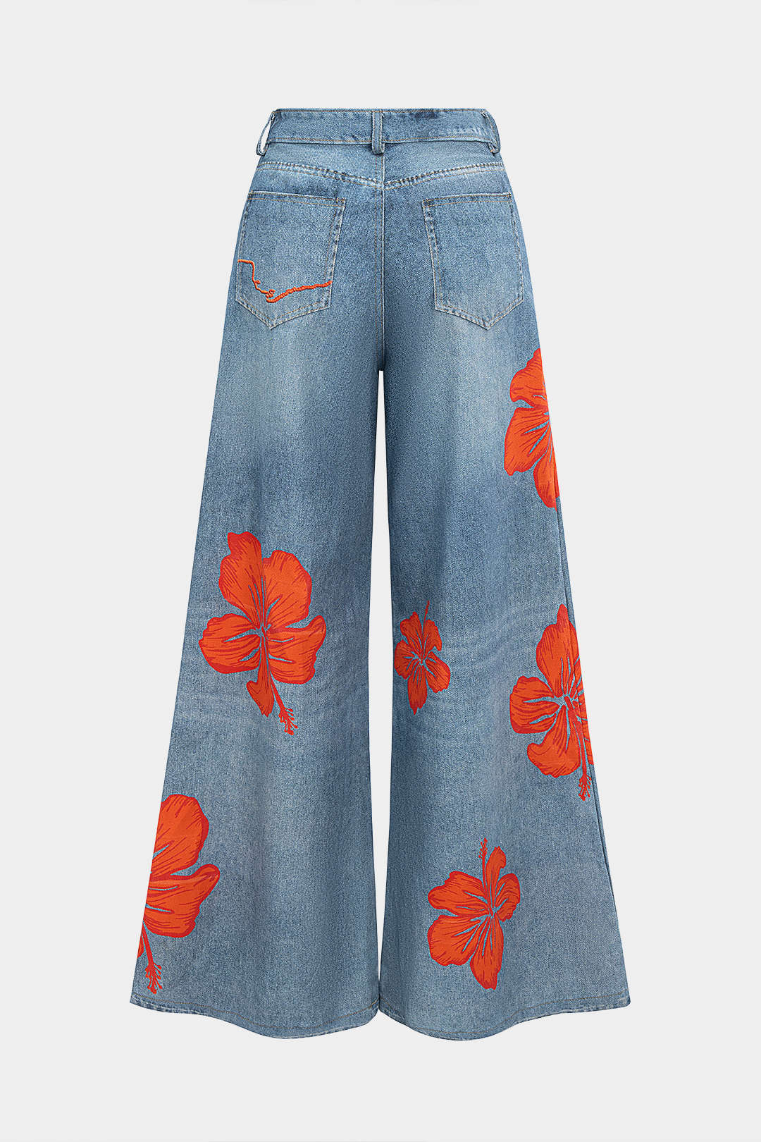Denim Floral Print Wide Leg Jeans