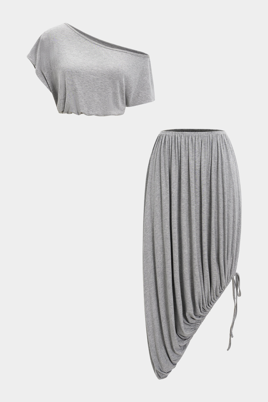 Ruched Asymmetrical Neck Short-Sleeve Top And Drawstring Skirt Set