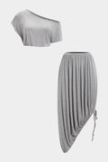 Ruched Asymmetrical Neck Short-Sleeve Top And Drawstring Skirt Set