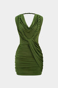 Draped Cowl Neck Twist Knot Asymmetrical Sleeveless Mini Dress