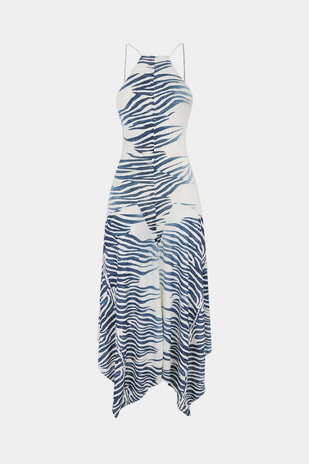 Stripes Print Halter Neck Asymmetrical Hem Sleeveless Midi Dress