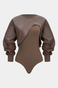Faux Leather Patchwork Round Neck Asymmetrical Long Sleeve Bodysuit