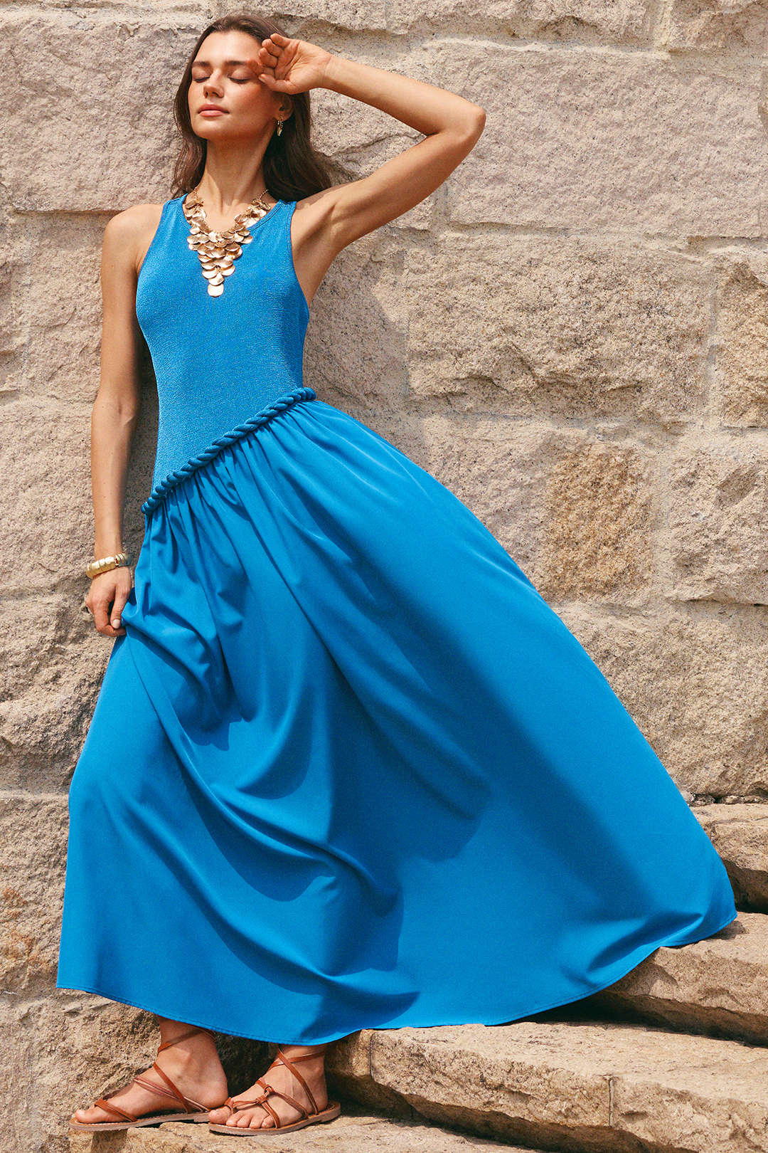 Patchwork Round Neck Twist Knot Sleeveless Maxi Dress