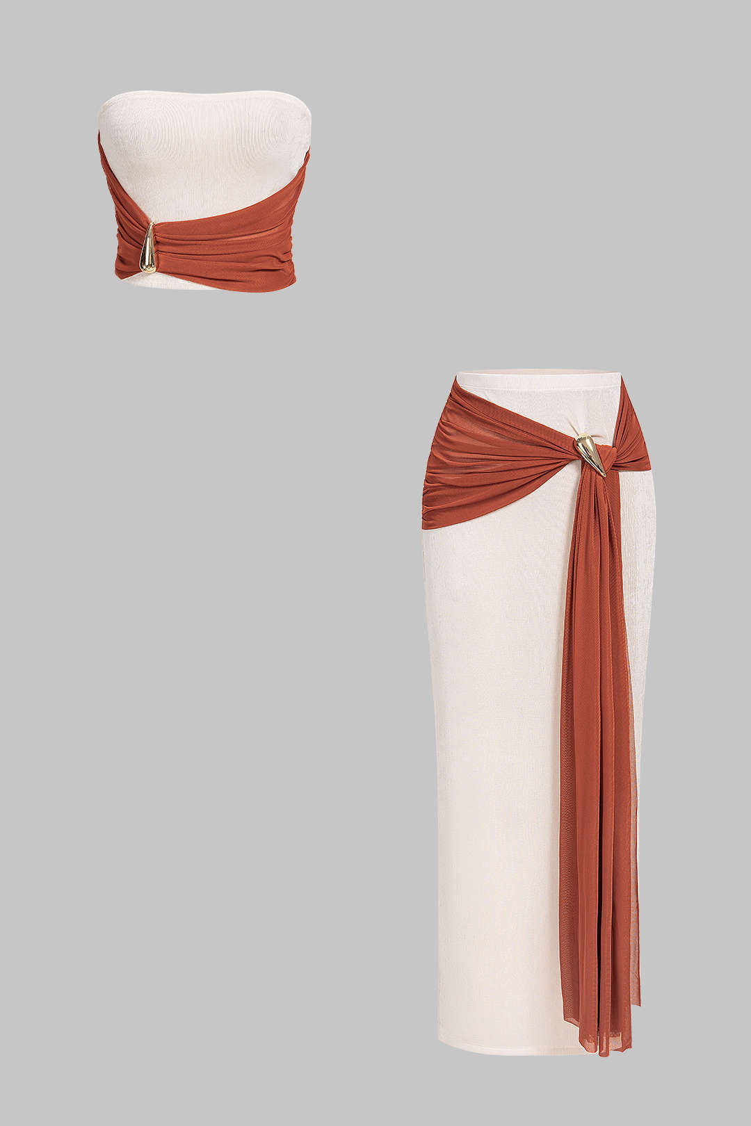 Mesh Metallic Asymmetrical Ruched Tube Top And Knotted Skirt Set