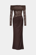 Lace Patchwork Off Shoulder Ruched Long Sleeve Maxi Dress