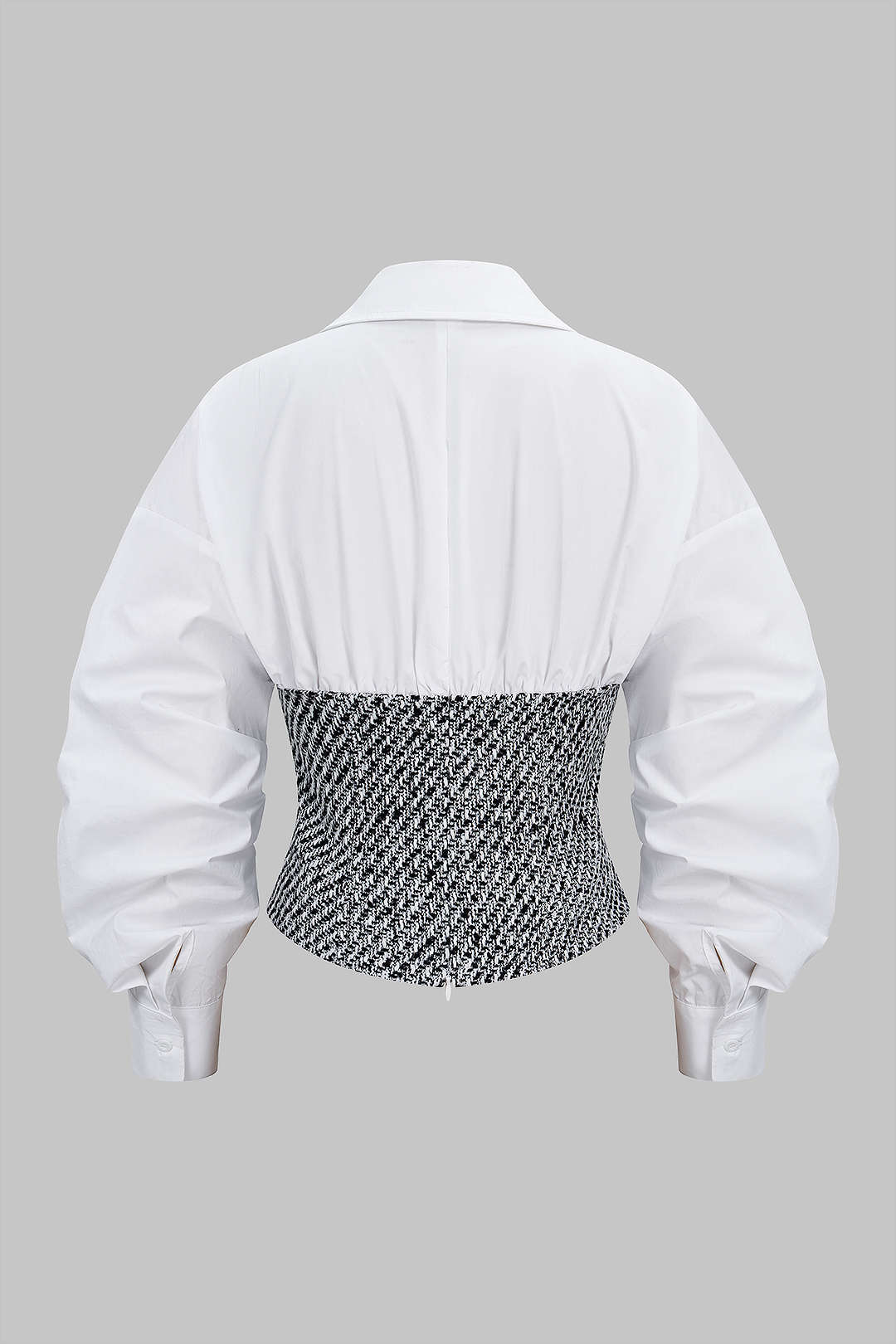 Tweed Patchwork Asymmetrical Gigot Long-Sleeve Shirt