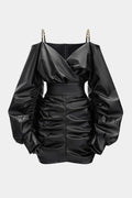 Faux Leather Metallic Chain Crossed Ruched Long Sleeve Mini Dress