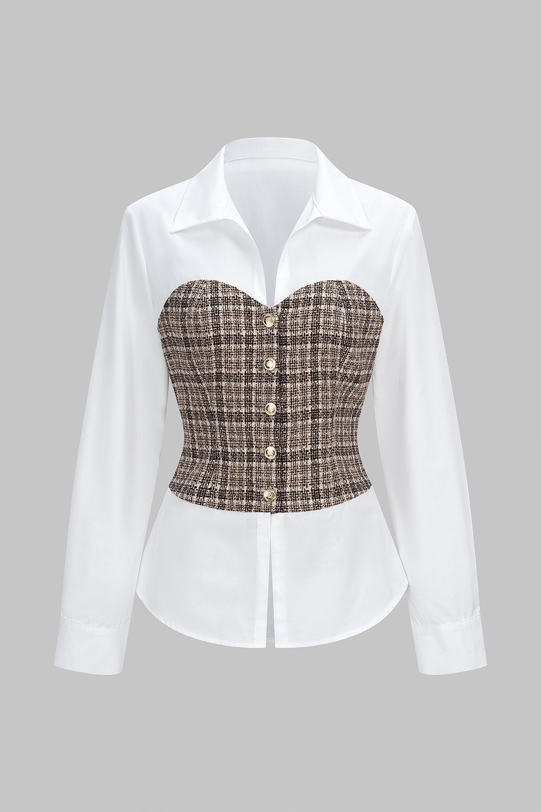 Tweed Plaid Print Patchwork Button Long-Sleeve Top