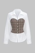 Tweed Plaid Print Patchwork Button Long-Sleeve Top
