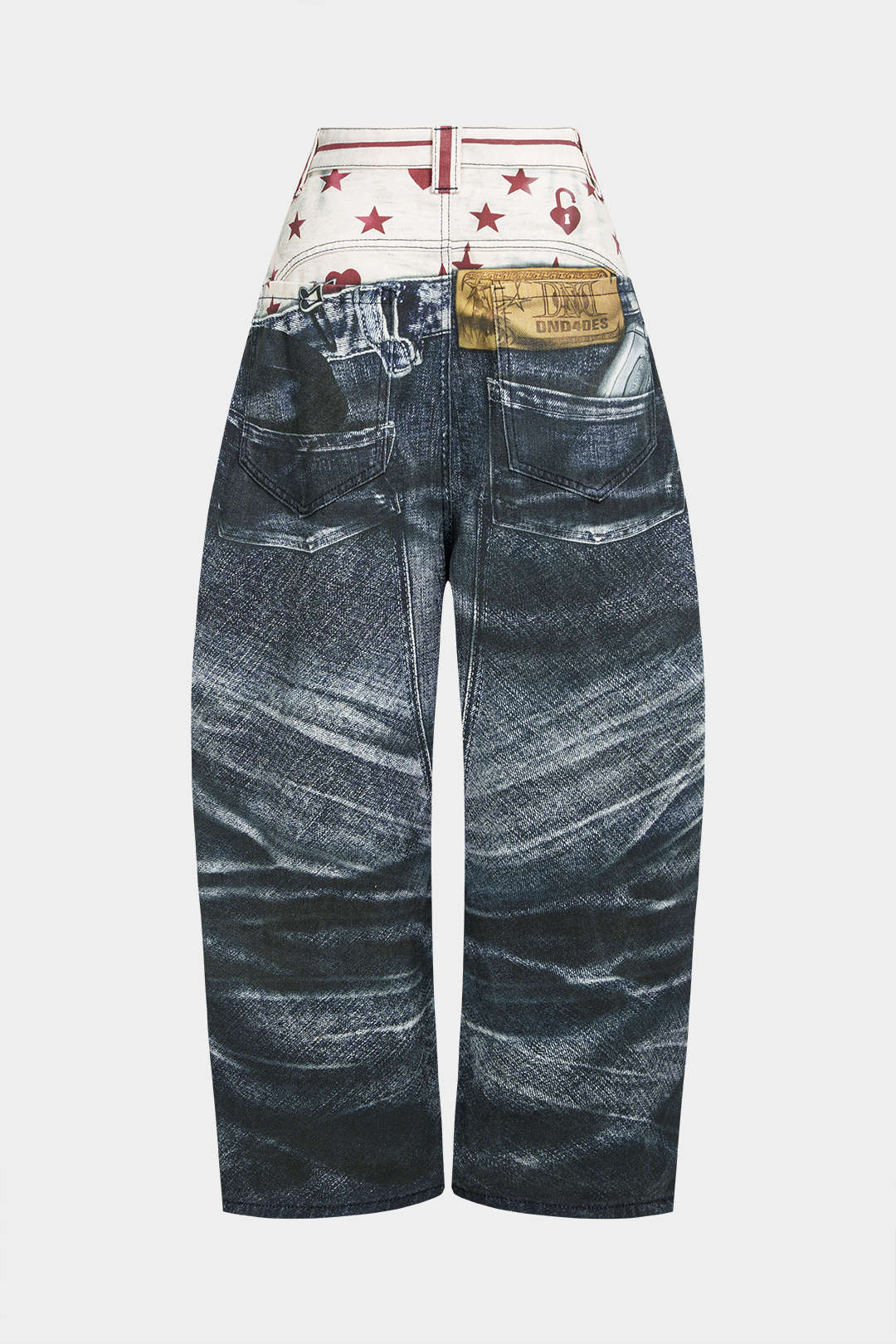 Contrast Denim Print Barrel Pants