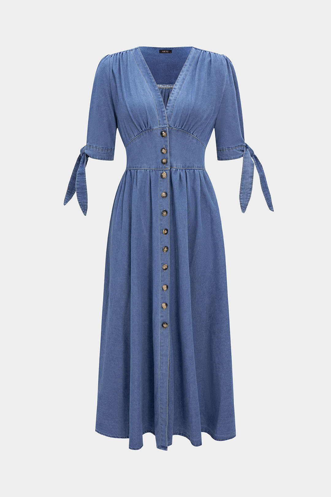 Denim V-Neck Ruched Button Tie-Up Short Sleeve Dress