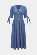Denim V-Neck Ruched Button Tie-Up Short Sleeve Dress