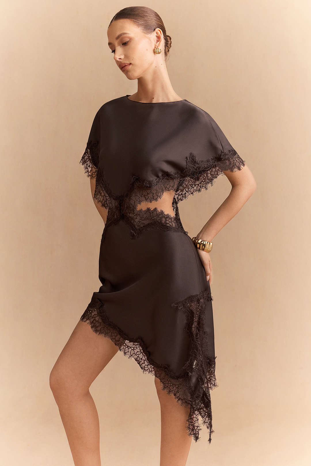 Satin Patchwork Lace Trim Cut Out Short Sleeve Midi Dress