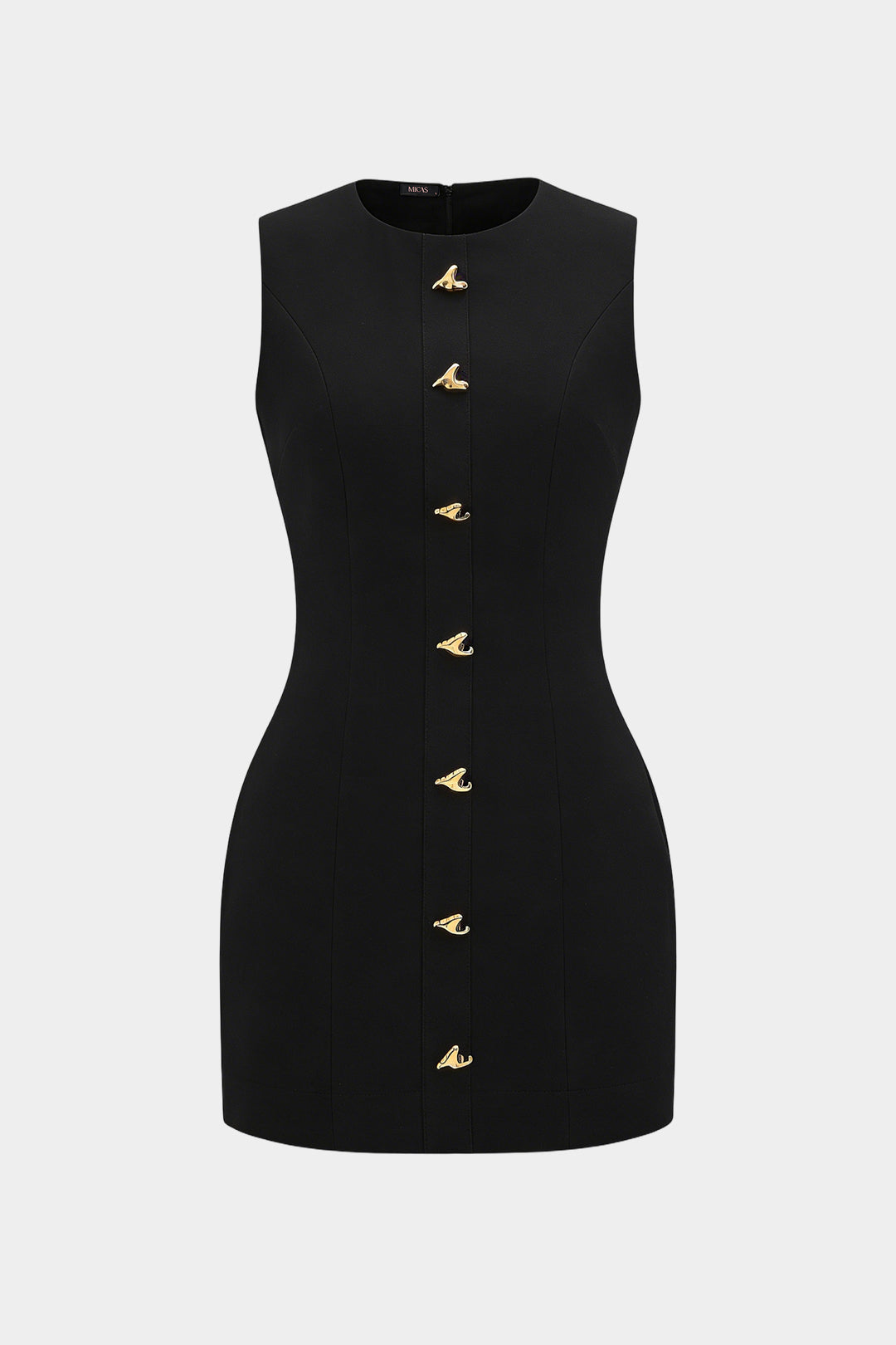 Round Neck Metallic Heart Button Sleeveless Mini Dress