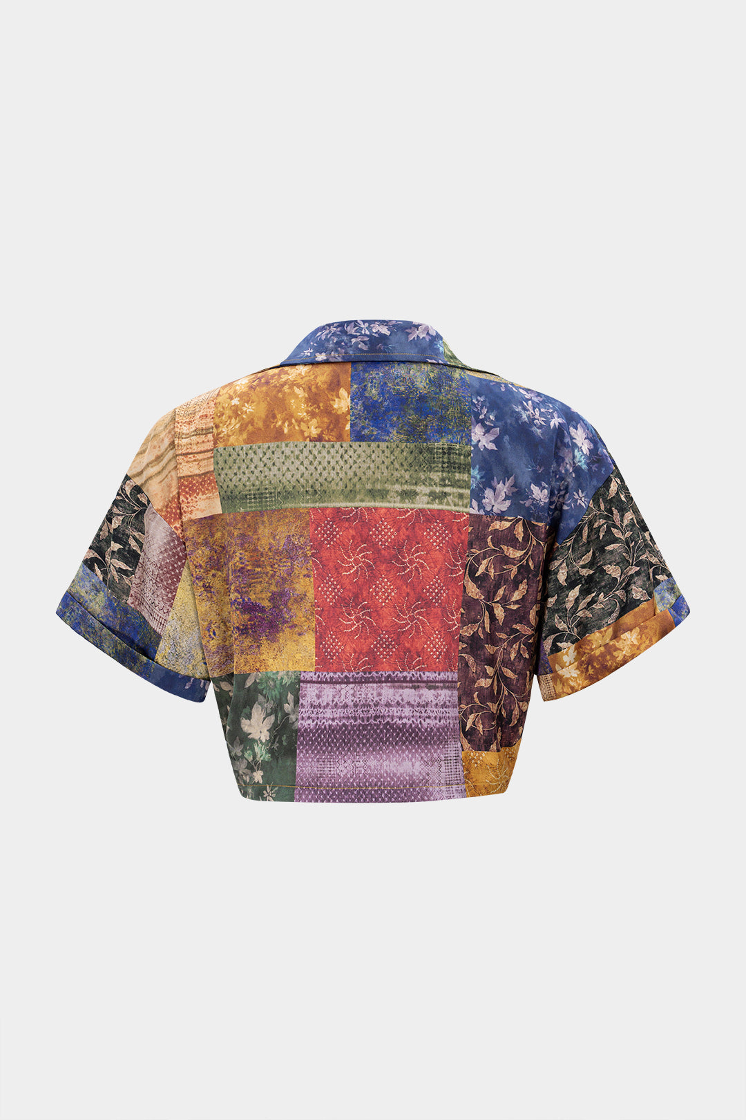Patchwork Print Satin V-Neck Ruched Short Sleeve Top