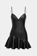 Faux Leather Asymmetrical Ruffle Hem Slip Sleeveless Mini Dress