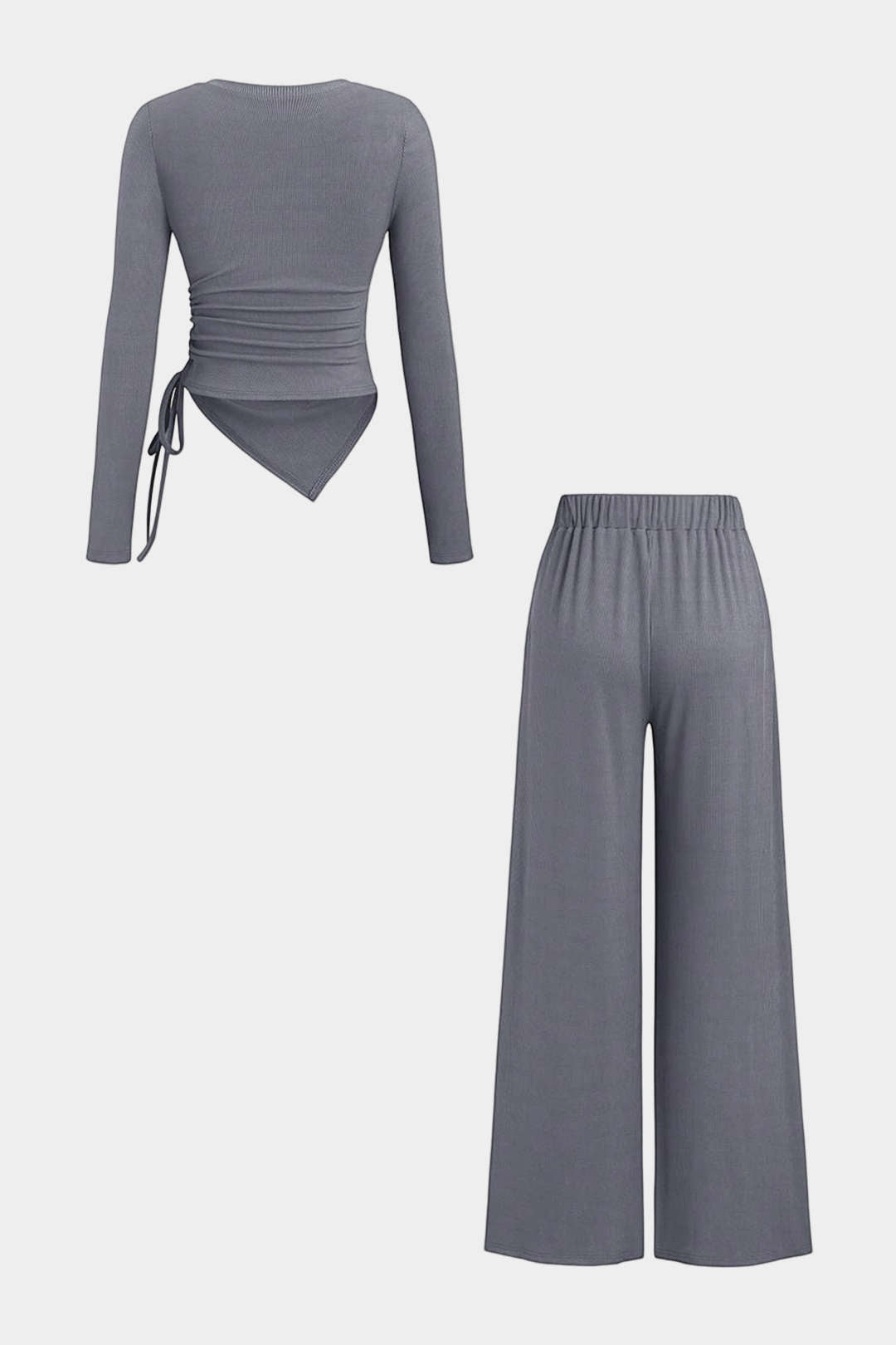 Drawstring V-Neck Ruched Long-Sleeve Top And Wide Leg Pants Set