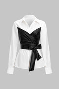 Faux Leather Patchwork Tie-Back Long-Sleeve Shirt