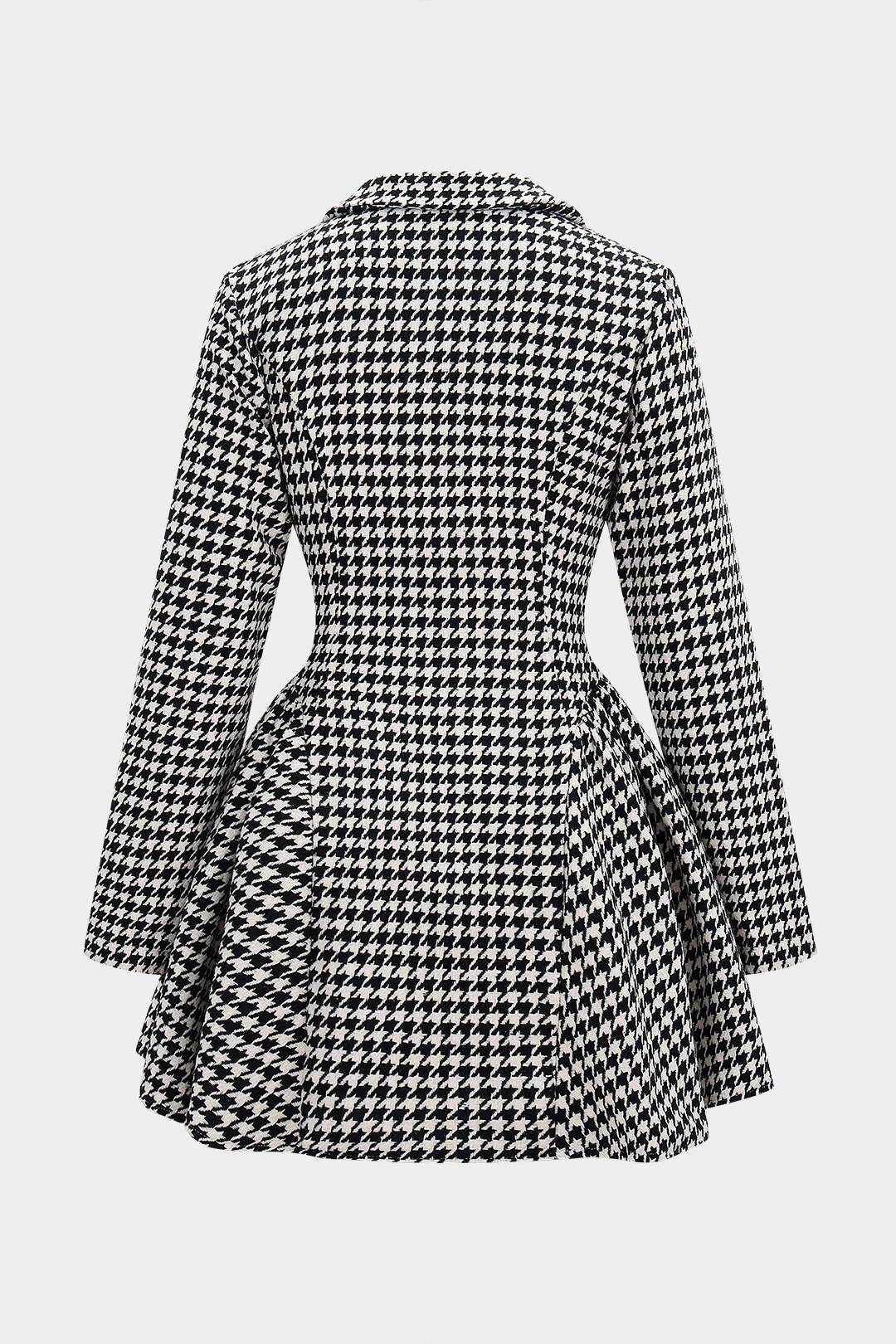 Houndstooth Print Button Ruched V-Neck Long Sleeve Mini Dress