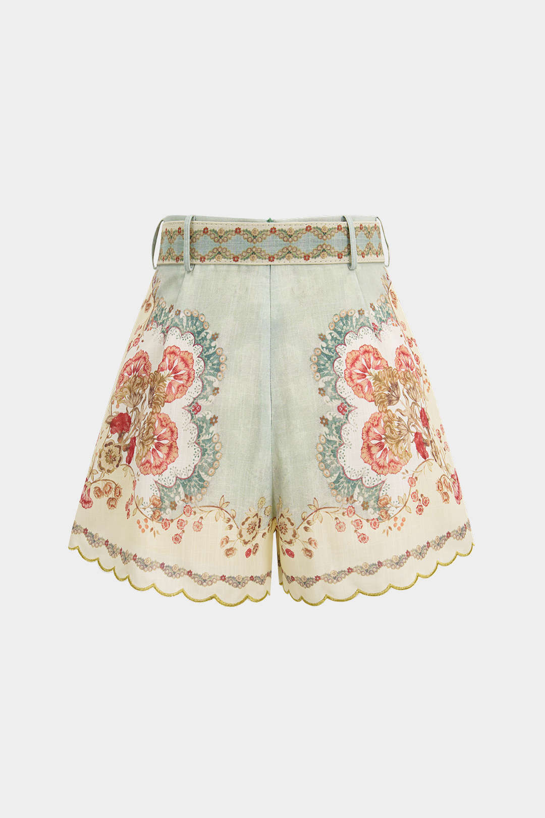 Floral Print Linen Patchwork Belted Pocket High Waist Shorts