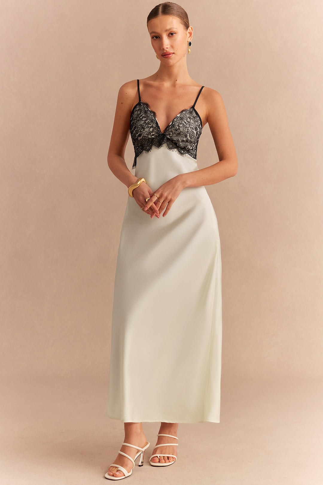 Satin Patchwork Lace Trim V-Neck Backless Sleeveless Maxi Dress