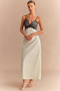 Satin Patchwork Lace Trim V-Neck Backless Sleeveless Maxi Dress
