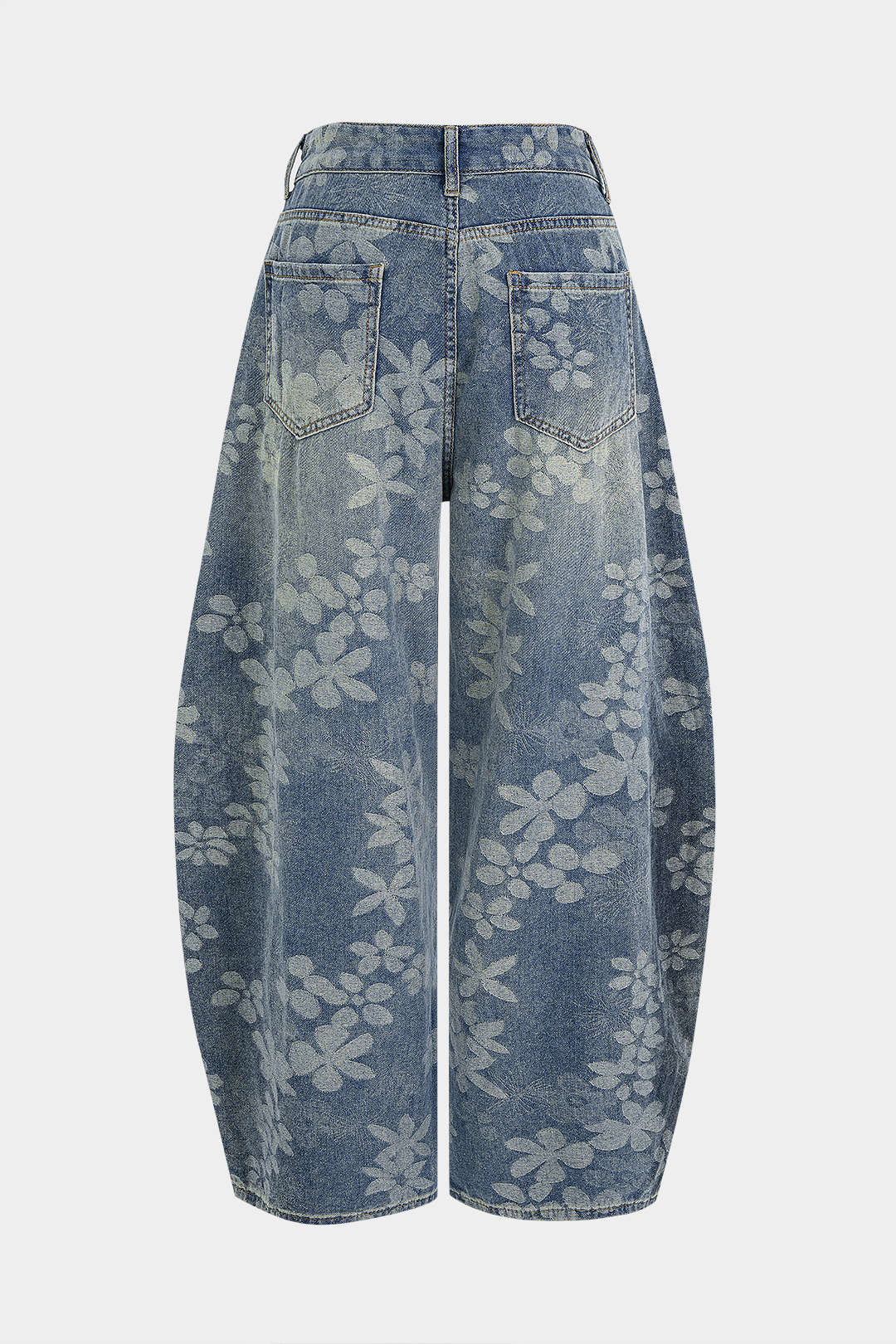 Denim Floral Print Pocket Wide Leg Jeans