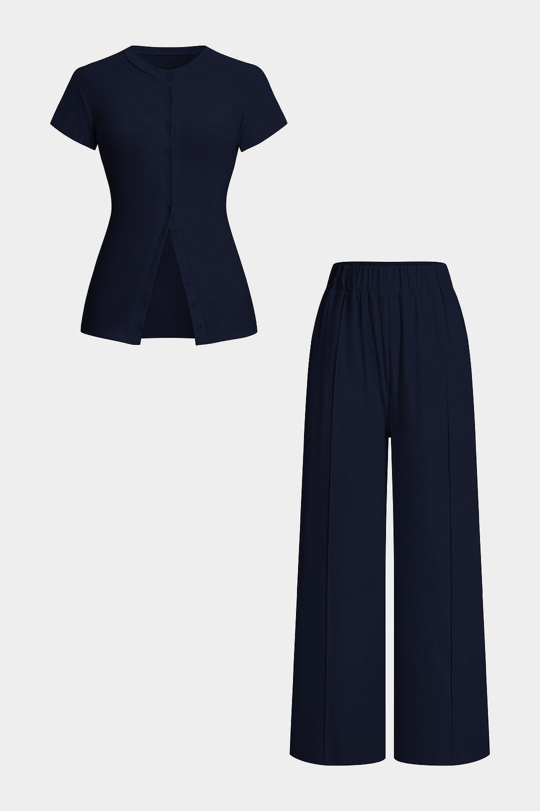 Solid Round Neck Button Short Sleeve Top And High Waist Pants Set