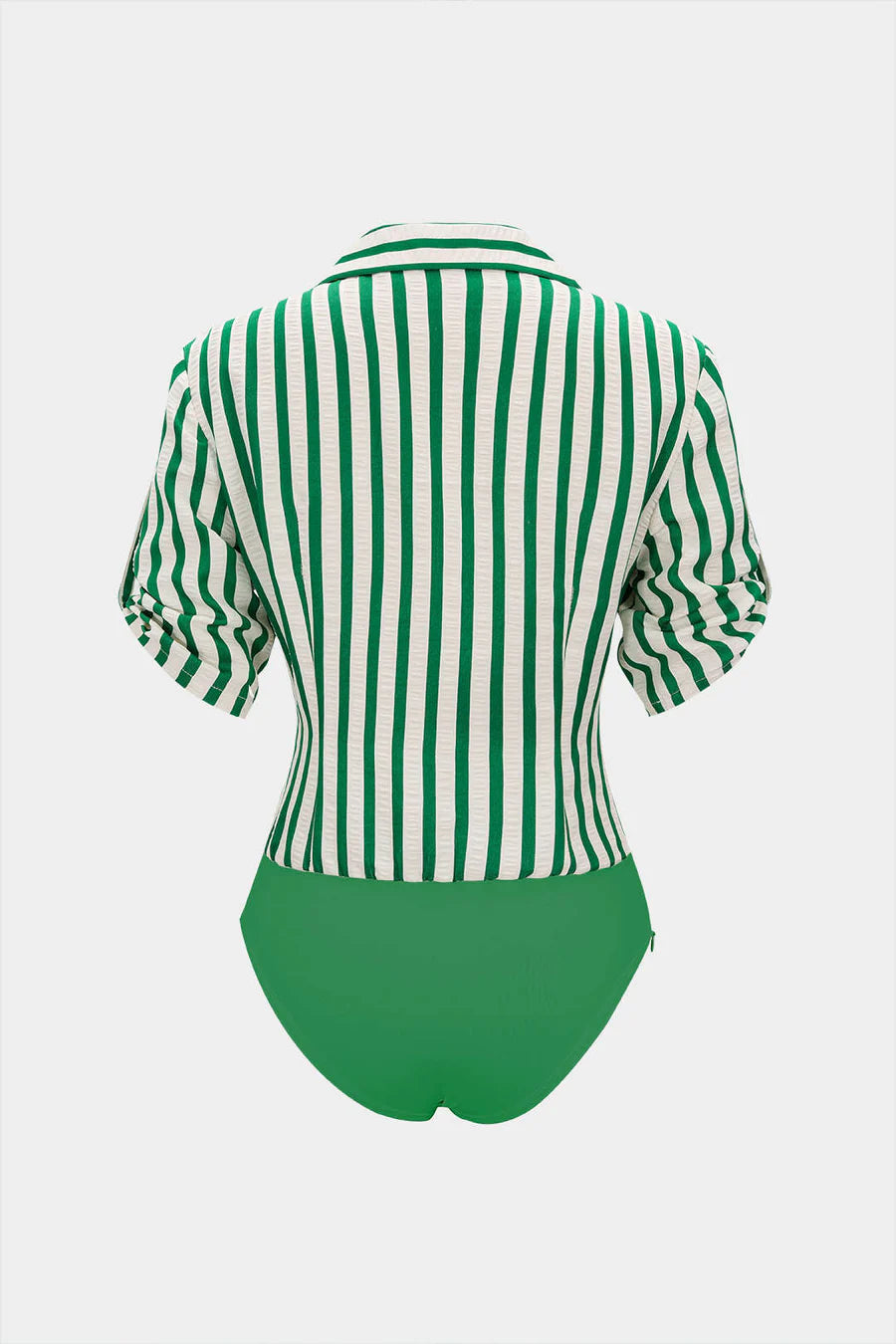 Stripes Print Button Patchwork Ruched V-Neck Short Sleeve Bodysuit