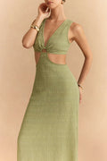 V-Neck Cut Out Tie Back Backless Sleeveless Maxi Dress