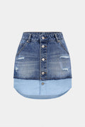 Denim Buttons Washed Ripped Patchwork Skirt