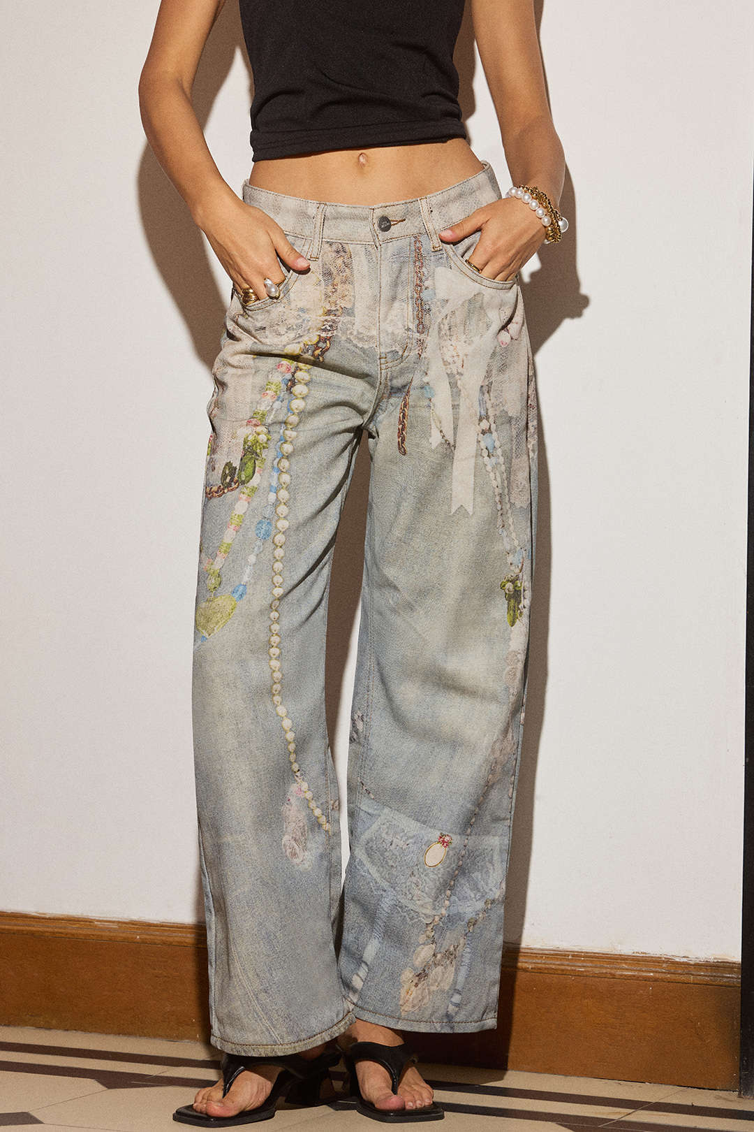 Denim Abstract Print Wide Leg Pants