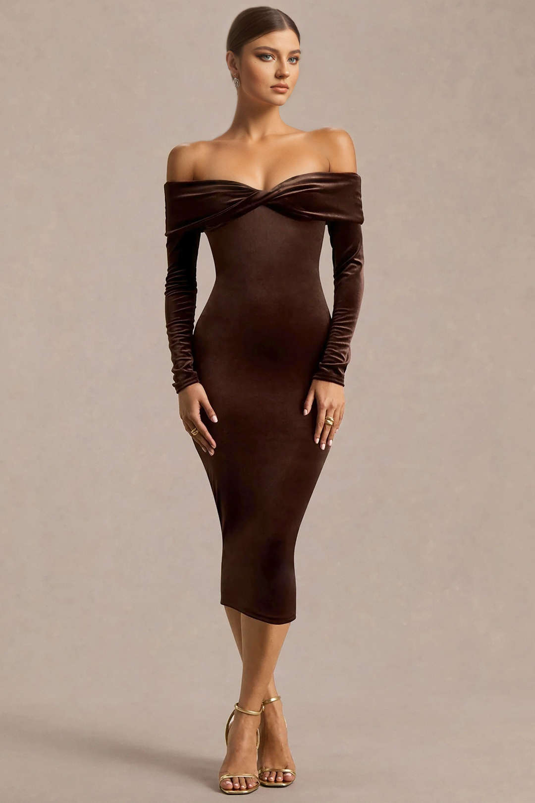 Velvet Patchwork Off Shoulder Long-Sleeve Midi Dress