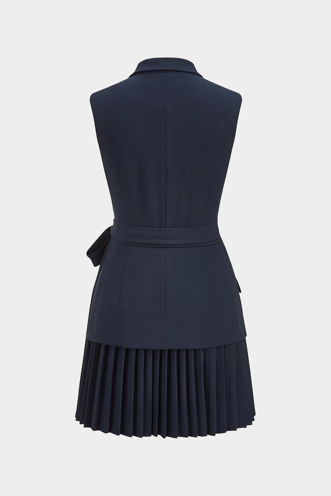 Notched Lapel Tie-Up Pleated Sleeveless Mini Dress