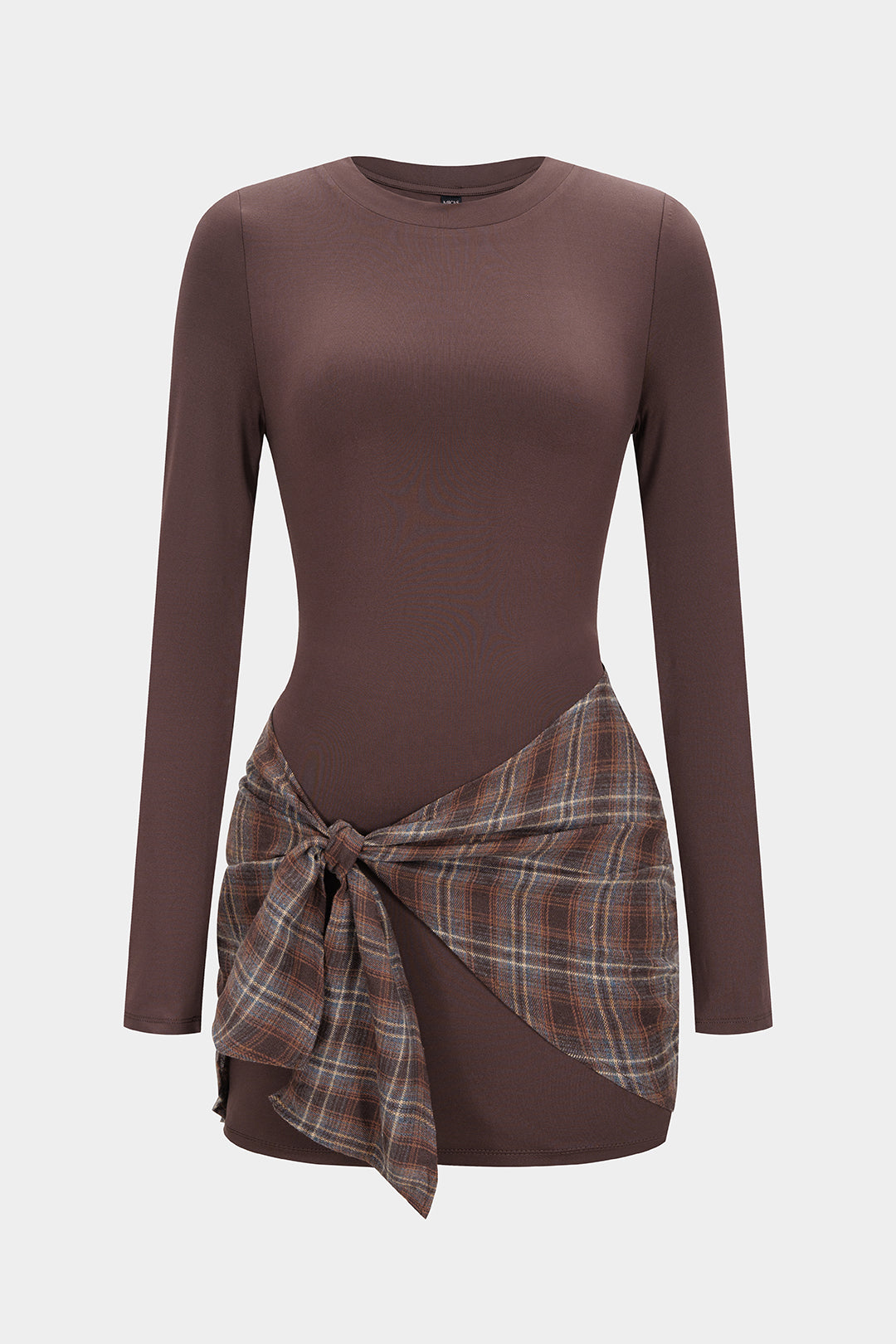 Plaid Print Patchwork Tie Front Long Sleeve Mini Dress