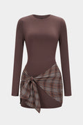 Plaid Print Patchwork Tie Front Long Sleeve Mini Dress