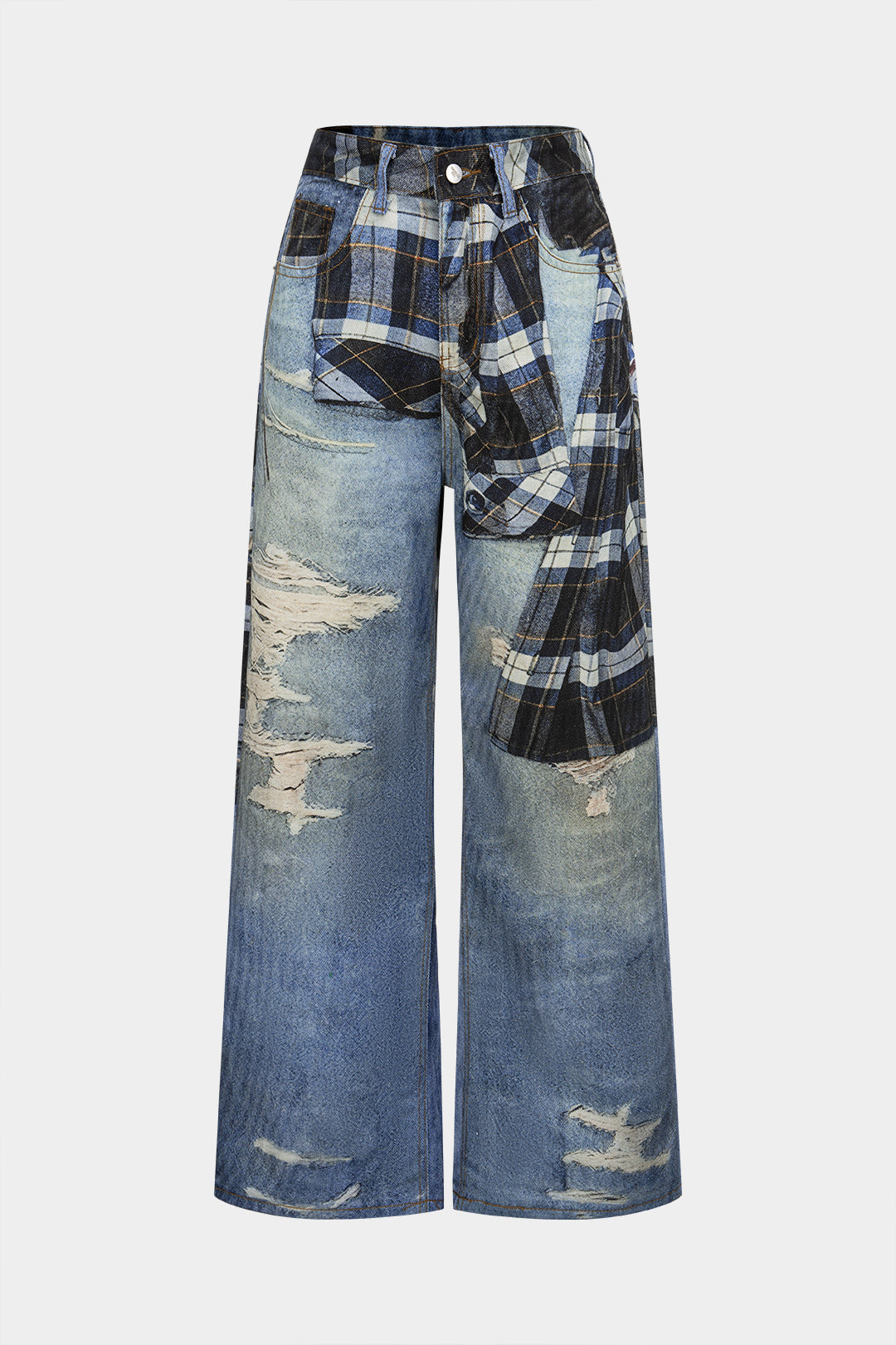 Plaid Denim Print Wide Leg Pants