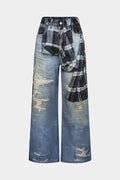 Plaid Denim Print Wide Leg Pants