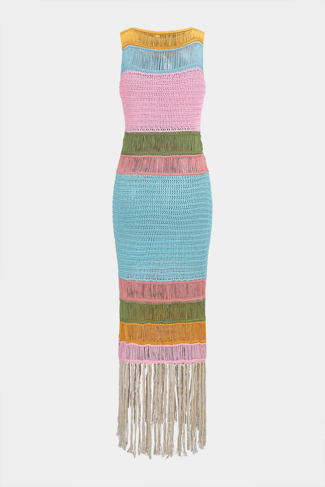 Knit Multicolor Round Neck Fringe Sleeveless Dress