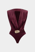 Satin Patchwork Metallic Decor V-Neck Sleeveless Bodysuit