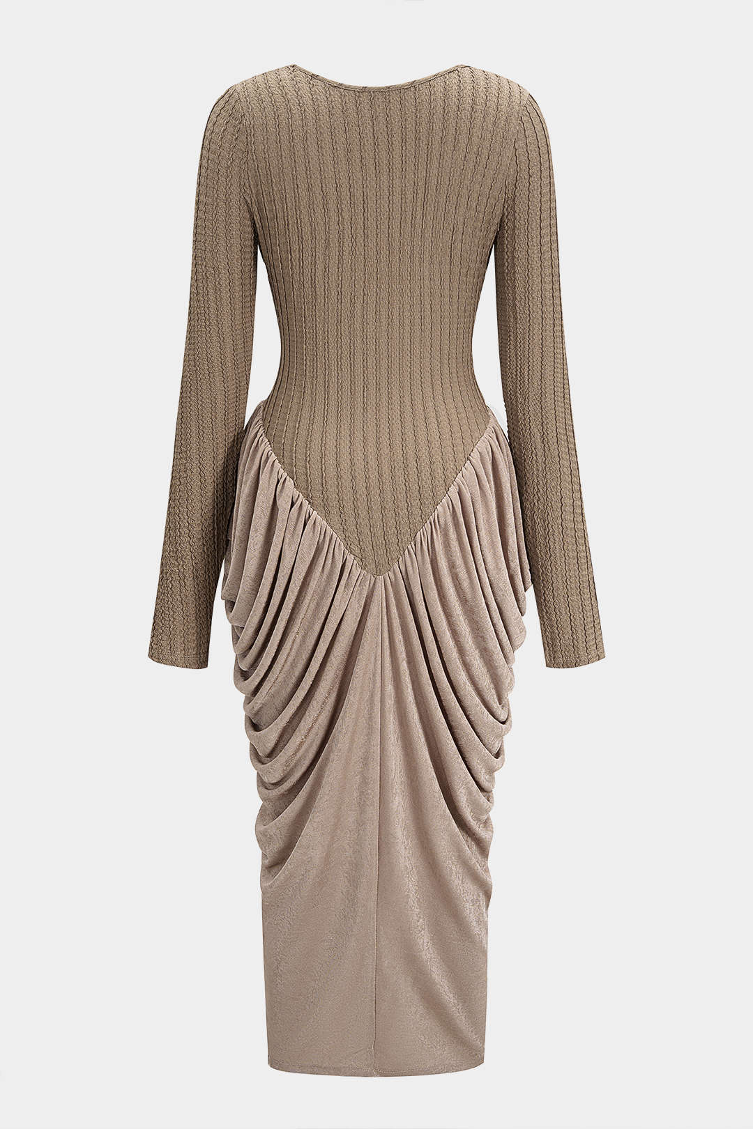 Round Neck Patchwork Ruched Long Sleeve Maxi Dress