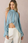 Chiffon Halter Neck Tie Back Cut Out Ruched Long-Sleeve Shirt