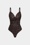 Leopard Print Mesh  V-Neck Ruched Twist Knot Slip Sleeveless Bodysuit