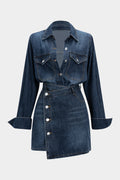 Denim Button Long-Sleeve Top And High Waist Mini Skirt Set